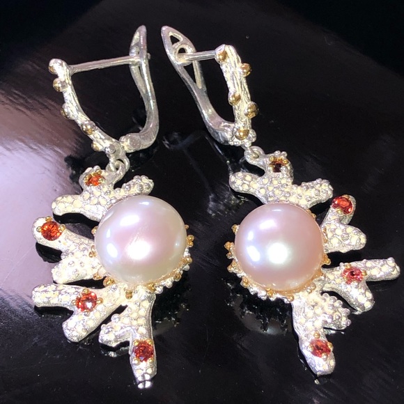 Genuine Pearl Rhodolite Earrings